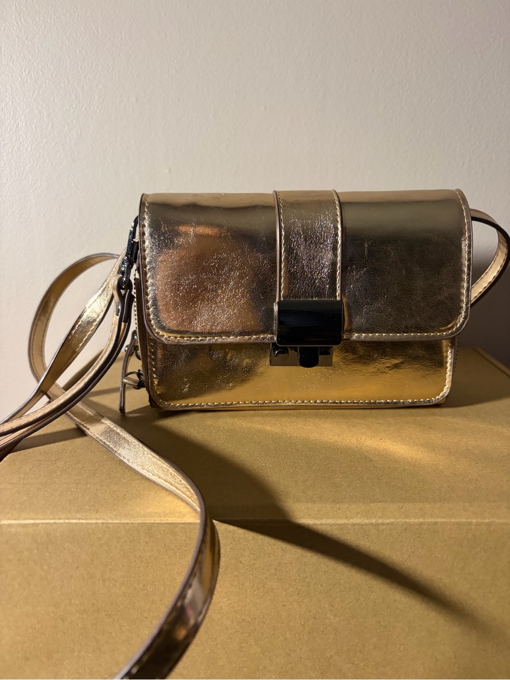 Metallic Brown Women’s Shoulder Bag with Black Hardware